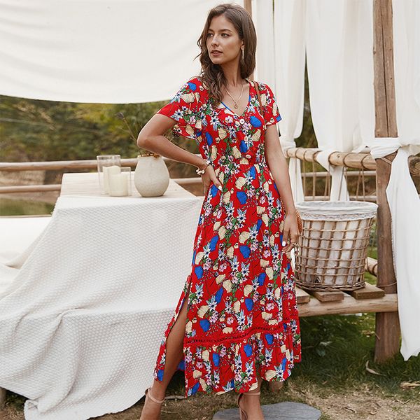 

summer elegant beach long dress women 2020 fashion flowers print short sleeve ladies v-neck bohemian dress women