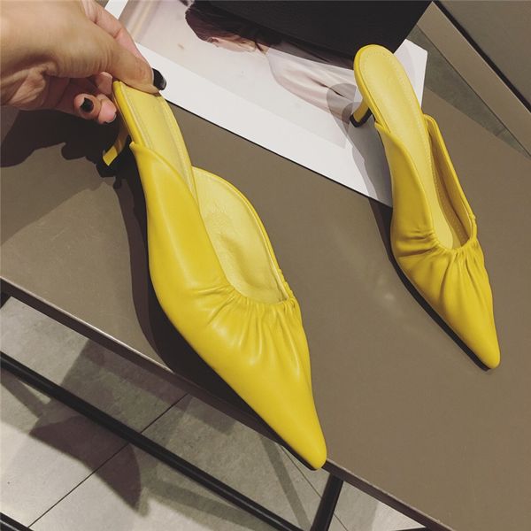 

slippers 2021 summer elegant women yellow beige low heels slides mules pointed toe designer rose red high shoes, Black