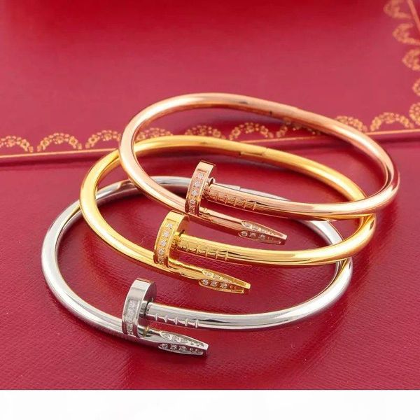 

lightyou999 2019 titanium steel bracelets with cz diamond silver rose gold bangles women men nail style bracelet couple jewelry with box, Golden;silver