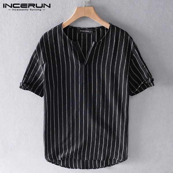 

summer men striped shirt vintage v neck breathable short sleeve casual brand camisas 2020 streetwear chic basic pullover incerun, White;black
