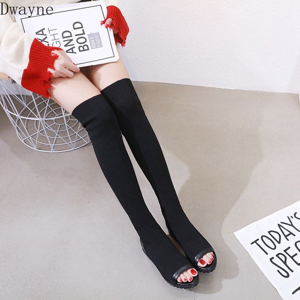 

2020 new women's wild boots knitted elastic band fish mouth open toe boots, Black