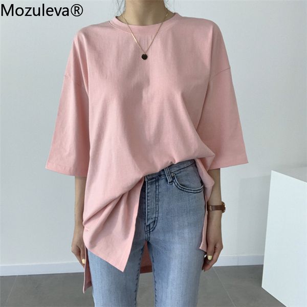 

mozuleva women summer t-shirts solid multi colors casual loose bottoming half sleeve minimalist split midi shirts 2020 new, White