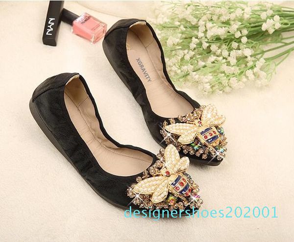 

xgravity bee designer crystal woman big size flat shoes elegant comfortable lady fashion rhinestone women soft girl shoes cn05, Black
