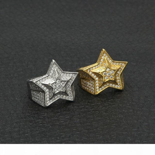 

f new hip hop mens gold ring jewelry five -pointed star cubic zircon gold rings for men, Silver