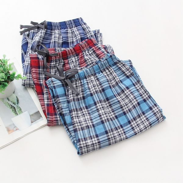 

spring and summer men's shorts cotton thin pajamas loose large size home lace casual pants lace rope plaid casual pants, Black;brown