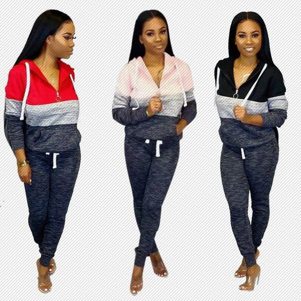 

amazon popular 2019 autumn and winter new european and american womens plus size color matching hooded zipper casual suit, Gray