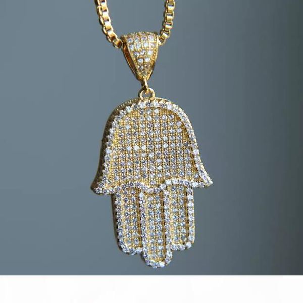 

new hip hop bling box chain 24" women men couple gold silver color iced out hamsa hand pendant necklace with cz