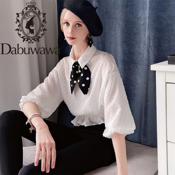 

Dabuwawa Sweet Bow Chiffon Two Pieces Blouse Women Turn-down Collar Lantern Sleeve Blouses Shirts Tops Office Lady DT1CCF002, White