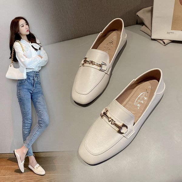 

summer 2020 new england small soft leather shoes wild fashion a pedal flat shoes loafers to wear two women, Black