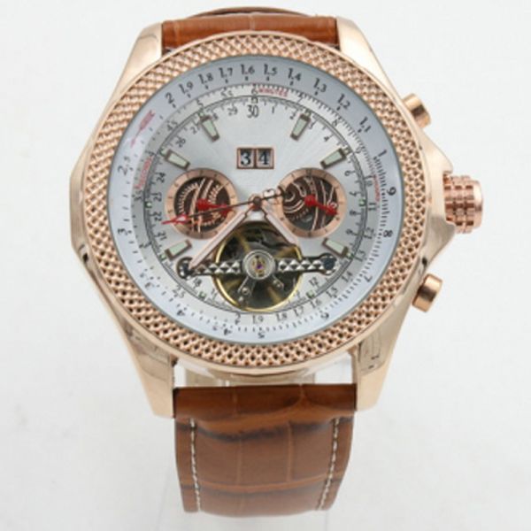 

2019 mens watch super automatic movement mechanical tourbillion male leather strap men watches wristwatch masculino, Slivery;brown