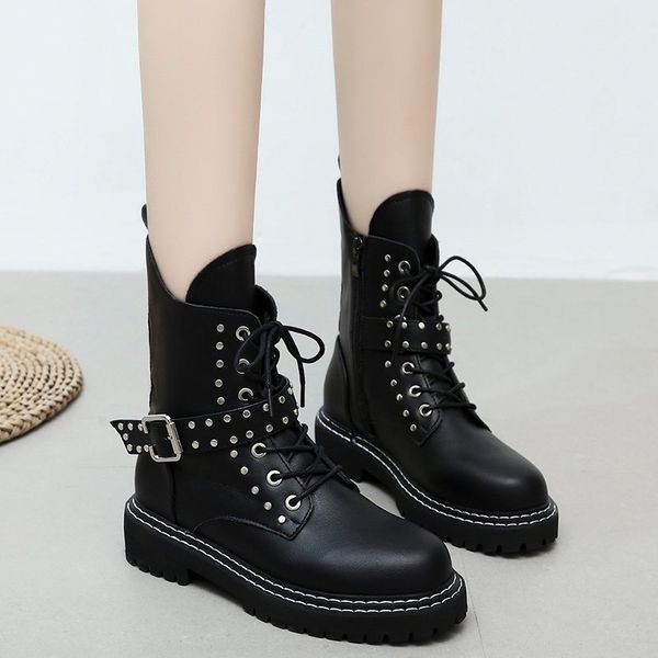 

заклепки езда сапоги рок обувь женщина круглый toe boots-женщины пинетки дамы низкие каблуки пинетки zipper 2020 осень резина, Black