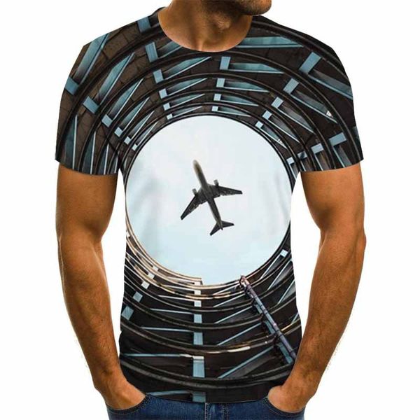 

new men airplane pattern 3d printing t-shirt designer tall building printing t-shirt tshirt summer black tee round neck beach t-shirt, White;black