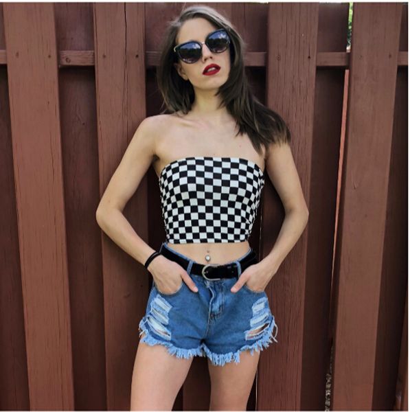 

new women checkered cropped black white checkerboard pattern plaid crop sleeveless tube tank bra