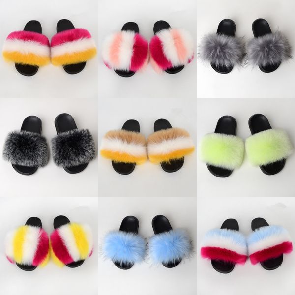 

slippers women fox fur furry shoes new outdoor summer wo sandals plush flip flops beach ffy slides luxury ladies 2020 cy200518#718, Black
