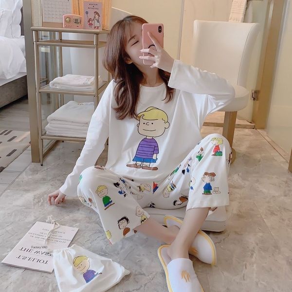 

7hngf new cotton snoopy pajamas female autumn korean style round clothes home furnishing clothing neck cartoon casual suit cotton student ho, Blue;red