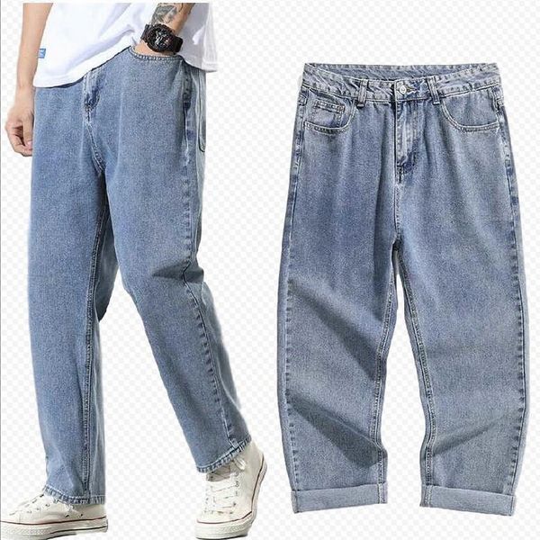 

jeans men hole jeans loose wide legs ankle-length pants men feet streetwear hip hop male denim trousers, Blue