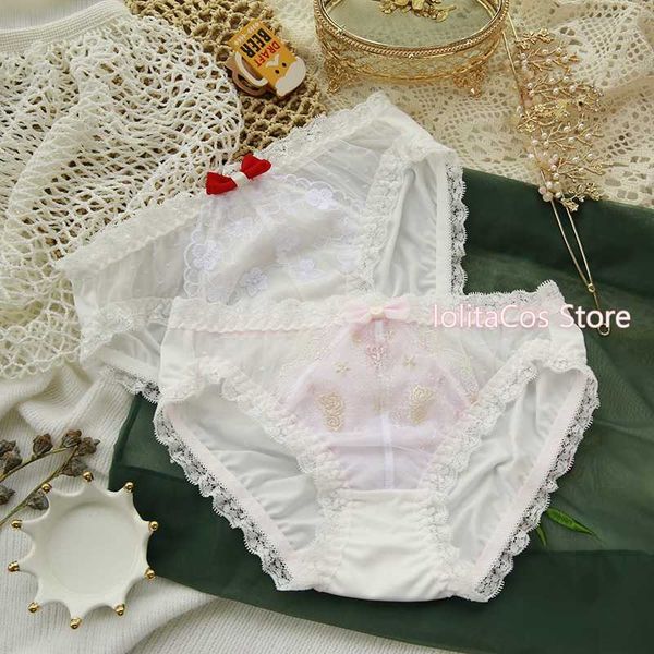

sweet japanese style embroidery bow milk silk medium low waist girl underwear lolita lace trim briefs cotton crotch panties, Black;pink