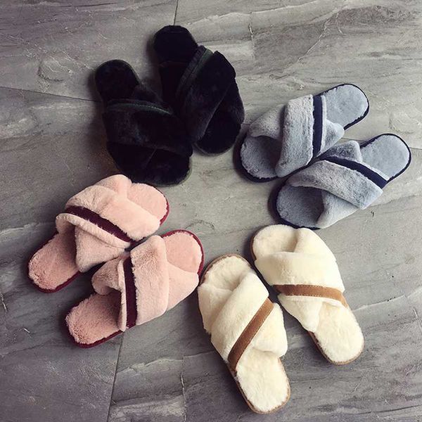 

fashion 2020 women home slippers winter warm shoes woman slip on flats slides female faux fur slippers new, Black