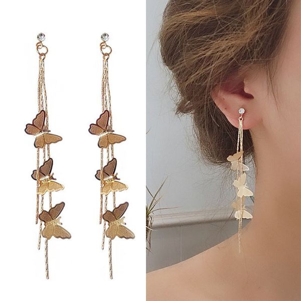 

simple butterfly tassel earrings long earline temperament south korean girl heart ins thin earrings, Golden;silver
