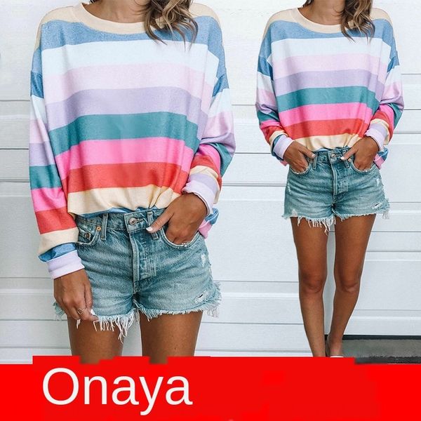 

2020 spring and autumn fashion printed round sweater neck long-sleeved colored stripes women's sweater, Black
