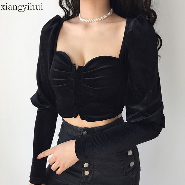 

korean velvet vintage t-shirt women fashion square collar long sleeve autumn t-shirts female short puff-sleeved party, White