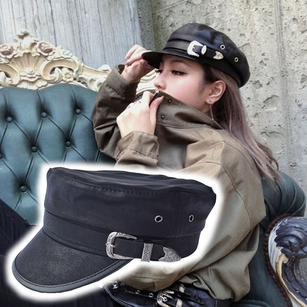 

women's fashion belt flat navy hat hat pu leather zhou yangqing same type cap, Blue;gray