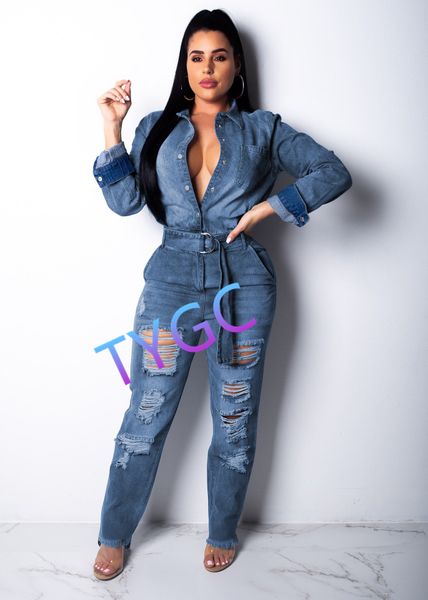 

jean jumpsuits siamese trousers 90% polyester fashion hole trousers double pockets single breasted women's jumpsuits, Blue