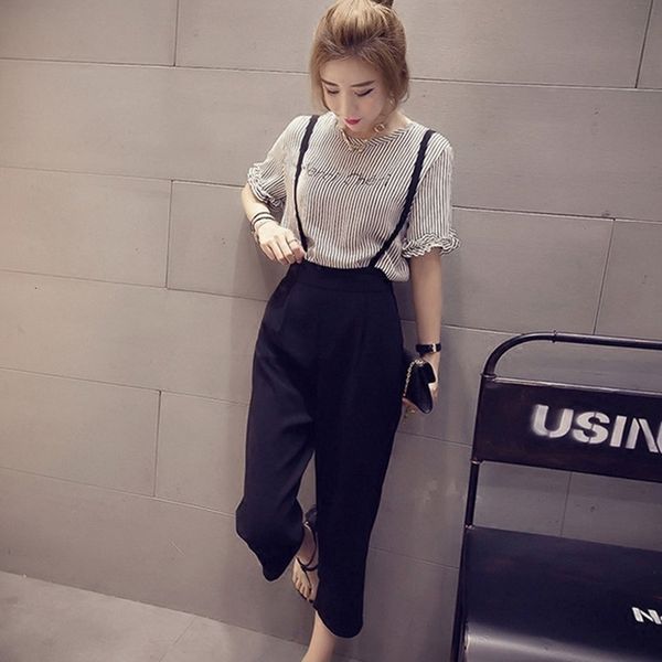 

fashion o-neck striped and overalls set casual korean style t shirt pant two pieces set, Gray