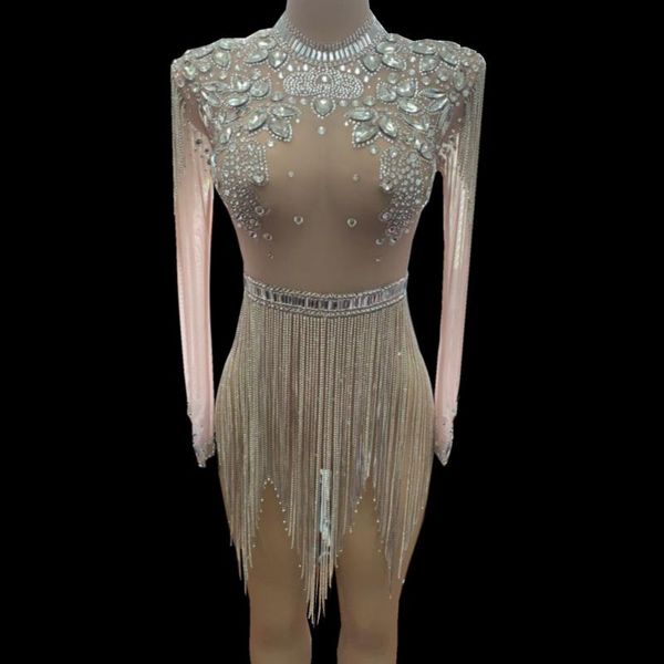 

shining big crystals mesh bodysuit sparkly rhinestone fringes party nightclub outfit singer stage performance dance costume, Black;red