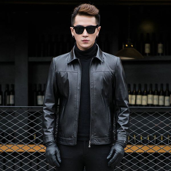 

black loose new style leather coat men sheepskin jacket genuine leather coat warm casual turn-down collar outwear