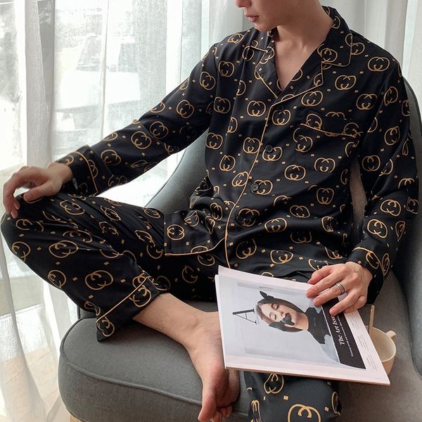 

spring and autumn snow silk couple pajamas men's fashion style long-sleeved women's home clothes trousers and trousers home suit, Black;brown