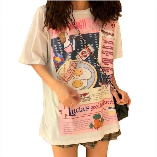 

korea kawaii women new summer t shirt short sleeve o neck breakfast pictures print t shirts casual loose ladies tee, White