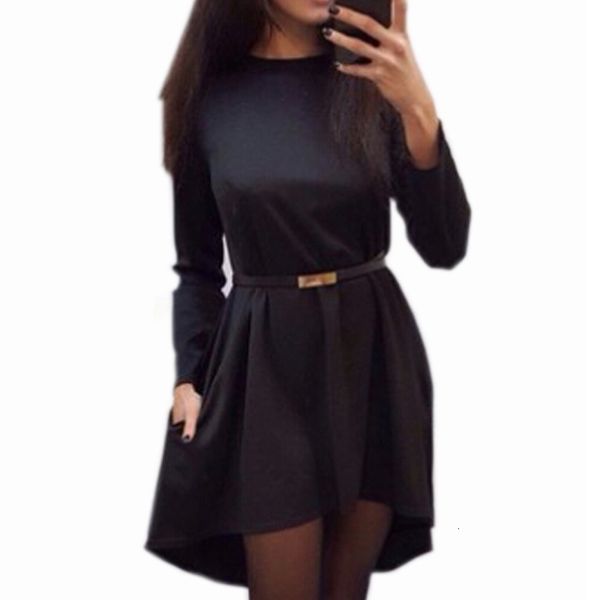 

irregular women solid dress 2020 autumn winter long sleeve o neck elegant casual loose office polyester lady dresses without belt q0074b, Black;gray
