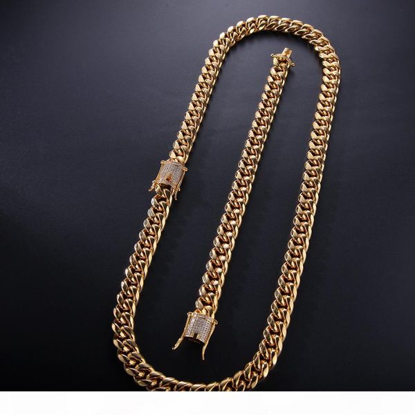 

12mm 14mm mens cuban miami link bracelet & chain set rhinestone clasp stainless steel gold hip hop necklace chain jewelry set, Silver