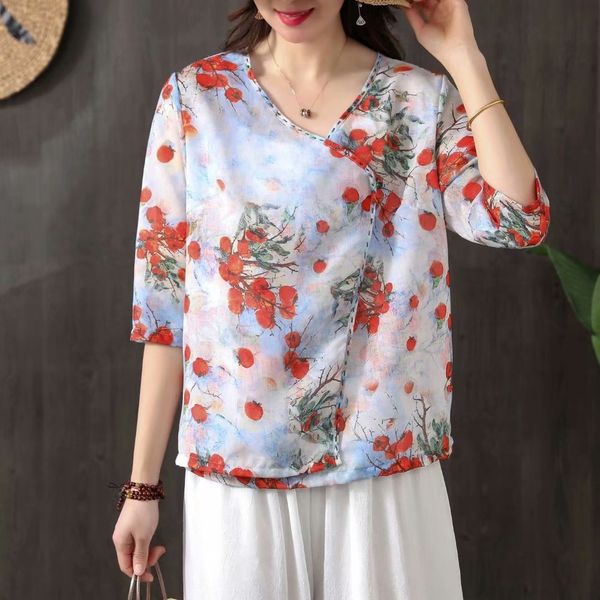 

2020 summer ramie artistic printing zen loose short-sleevedchinese thin suit shirt shirt tea suit for women, White
