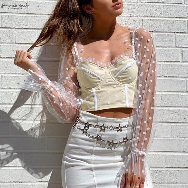 

long sleeve mesh fashion casual polka dots womens blouses long sleeve 2020 autumn blouse women, White