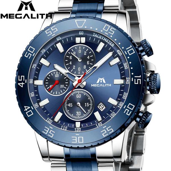 

relogio masculino 2020 megalith luruxy quartz watch men full steel strap embossed wolf head clock men waterproof luminous watch, Slivery;brown
