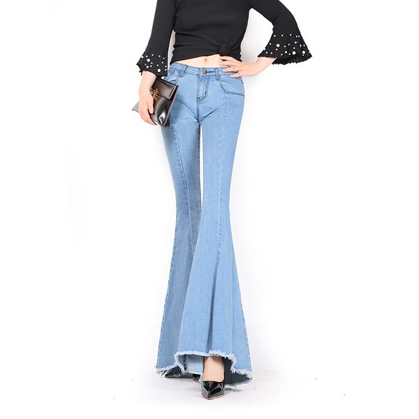 

2020 new fashion long jeans pants for women flare trousers plus size 24-32 size denim female summer tassels jeans, Blue