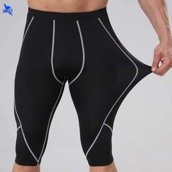 

mens compression quick dry knee high running shorts sports fitness basketball long leg leggings soccer jogging stretch trunks, Black;blue