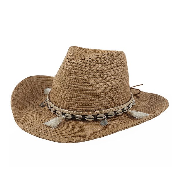 

2020 shell кисточки пастушка лето соломенная шляпка для женщин мужчин western cowboy hat lady модные woven sun hat cap бич, Blue;gray