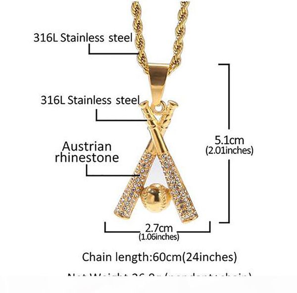 

y 18k gold baseball pendant necklace 316l stainess steel pendant necklace baseball bat pendant 24inch rope chain, Silver