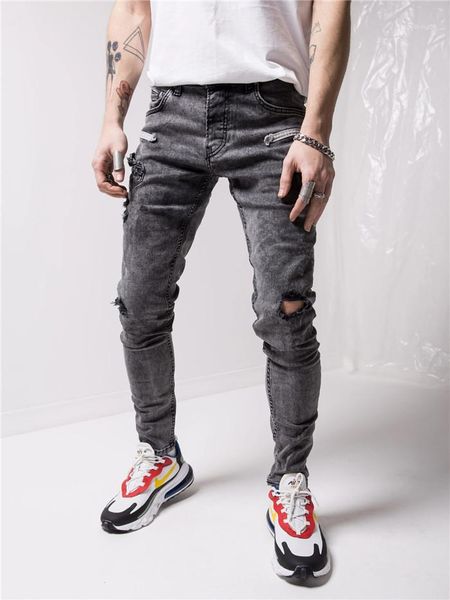 

fashion men designer trousers high street jeans for man mens demin pancil pants slim frayed hole jeans casual, Blue
