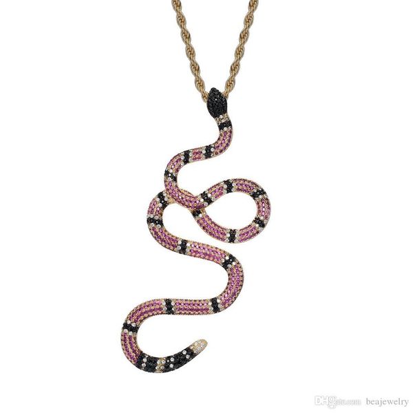 

cubic zirconia colorful snake pendant necklace with rope chain micro paved gold silver punk hip hop jewelry