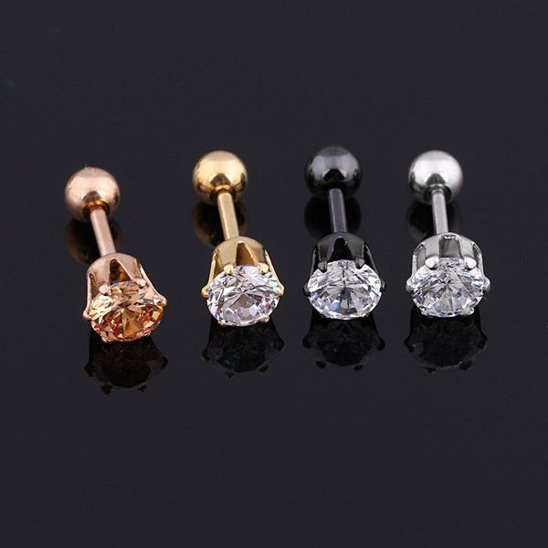 

fashion 2pcs/lot stainless steel 3/4/5/6mm round zircon cartilage stud earrings tragus helix ear piercing women & men jewelry, Golden;silver