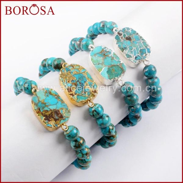 

borosa 4pcs gold/silver color copper natural turquoises with 8mm beads bracelet natural blue stone bangle jewelry g1652 s1652, Black