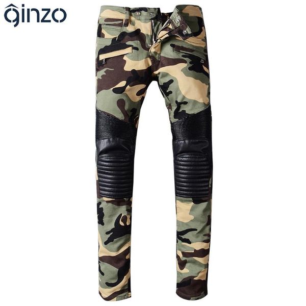 

men's camouflage pu leather patchwork spliced biker jeans for moto casual fashion pleated denim pants long trousers, Blue
