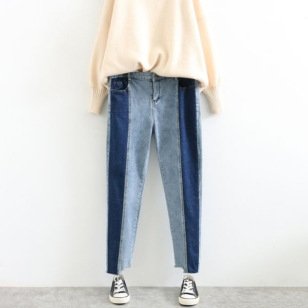 

eaqof autumn korean style contrast color tight pants trousers tight pants irregular denim leggings 200kg fat mm plus plus size women's, Blue