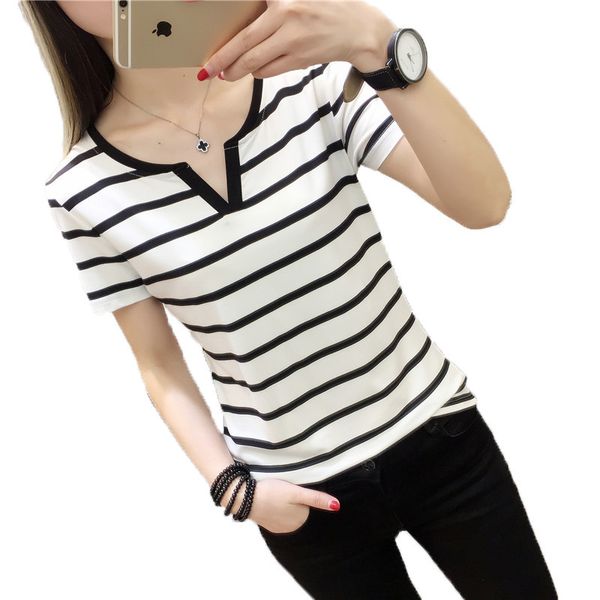 

women's t-shirt 2021 stripes womens v collar t shirts skinny half sleeve clothes women slim under wear tshirt casual tees for female, White