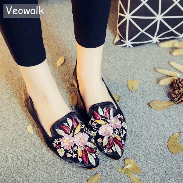 

veowalk brand soft cotton fabric women embroidered pointed toe ballet flats spring vintage ladies casual slip on walking shoes, Black