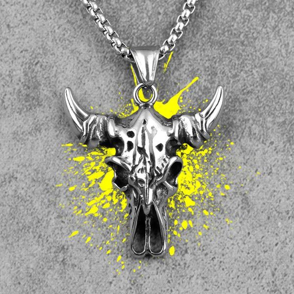 

yak skull animal long men necklaces pendants chain punk for boyfriend male stainless steel jewelry creativity gift wholesale, Silver